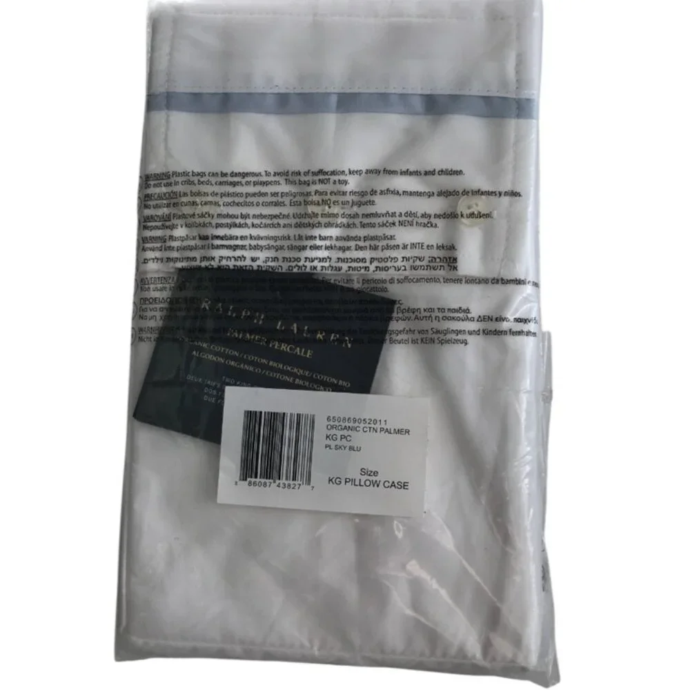 Ralph Lauren Organic Cotton Palmer 2 pack KING Pillowcases Pale Sky Blue trim